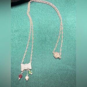 Silver tone Bow Necklace with Red, Green with rose closure‎
